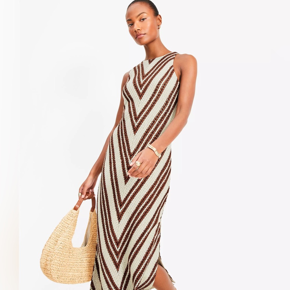 Chevron Crochet Midi Dress in Neutral Tones
